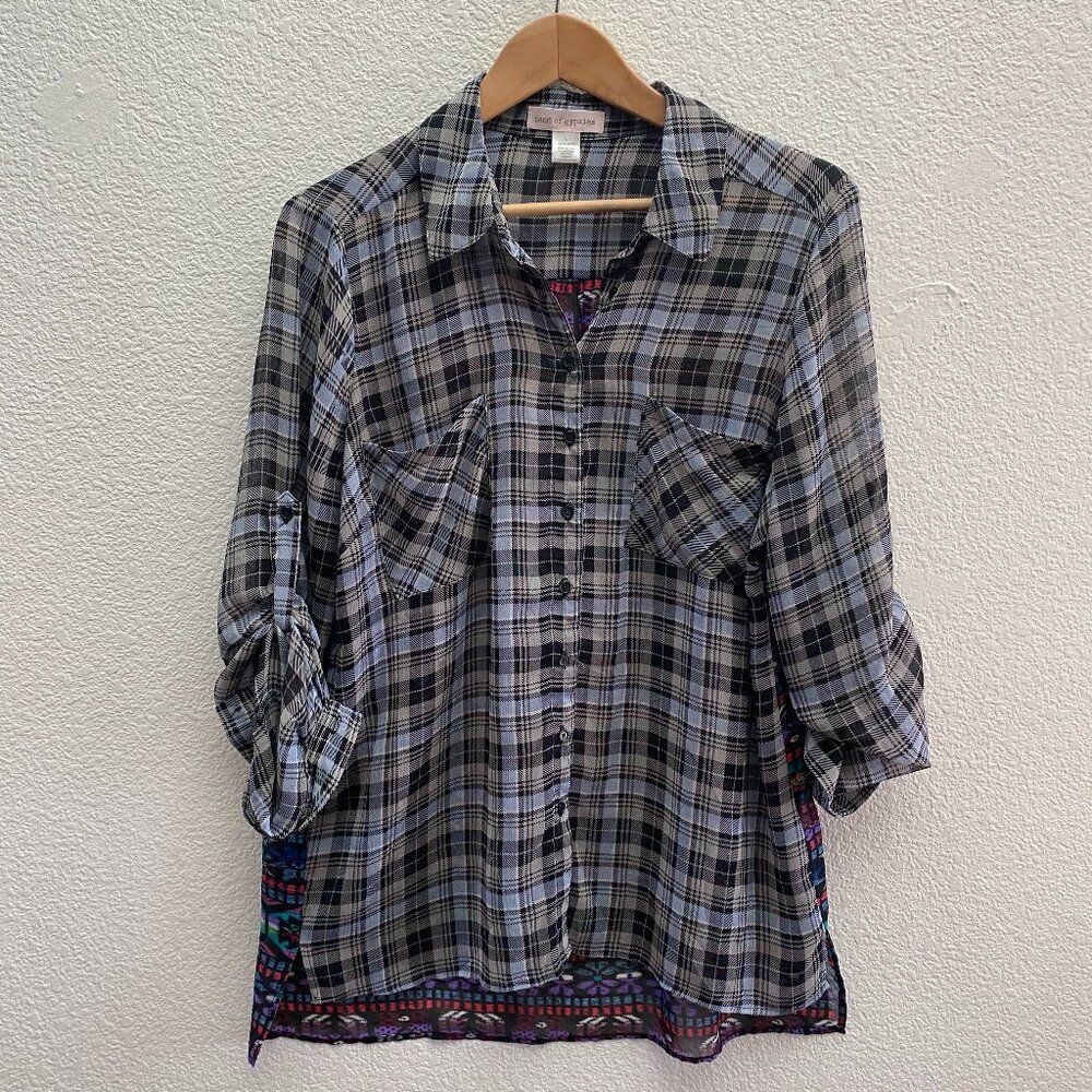 Band Of Gypsies Plaid Sheer Roll Tab Sleeve Shirt Button Up Large 100% Polyester